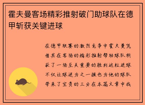 霍夫曼客场精彩推射破门助球队在德甲斩获关键进球